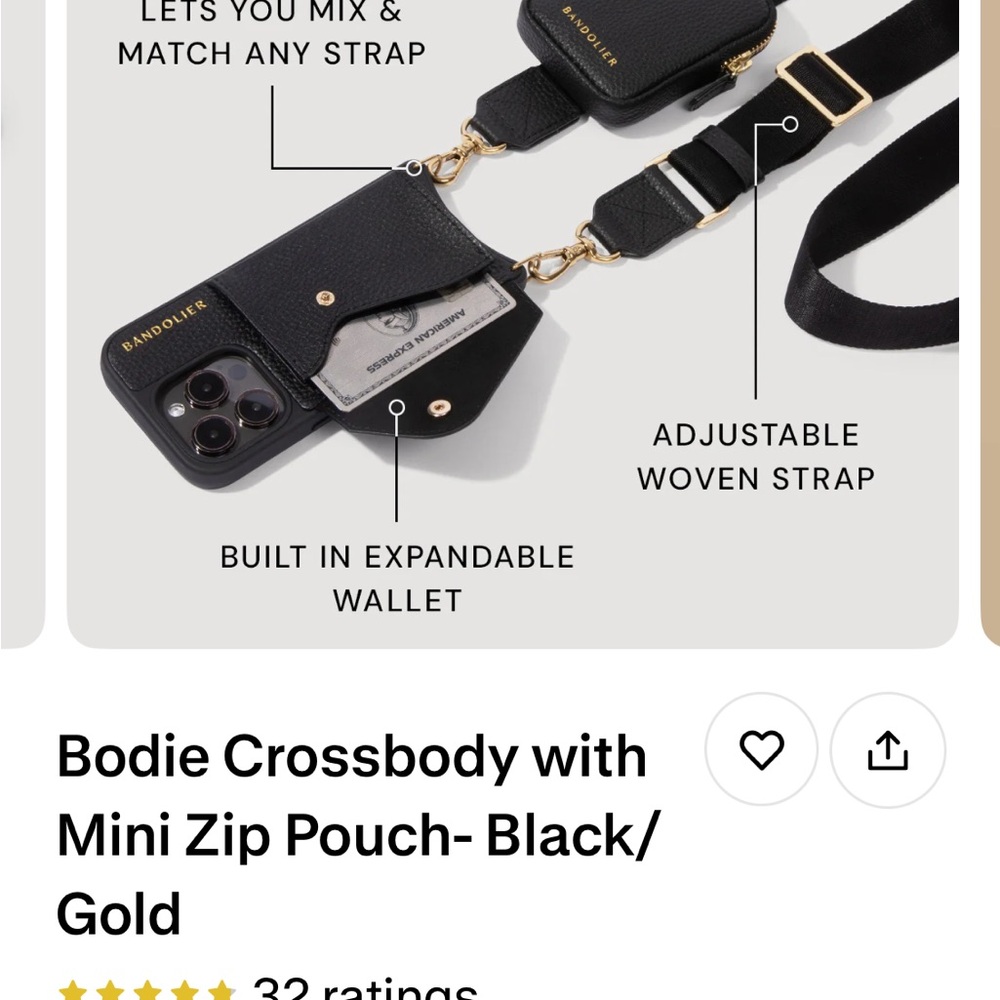 Bandolier Black Crossbody Phone Case with Gold Accents
